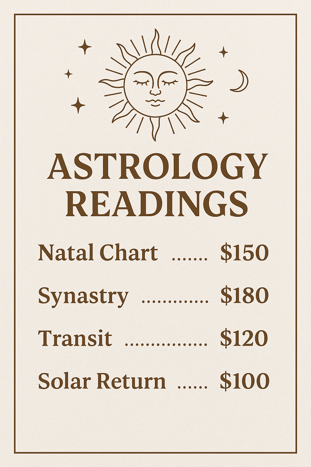 Astrology readings by Divine Frequency Entertainment: natal charts, synastry, transits, and solar return readings.