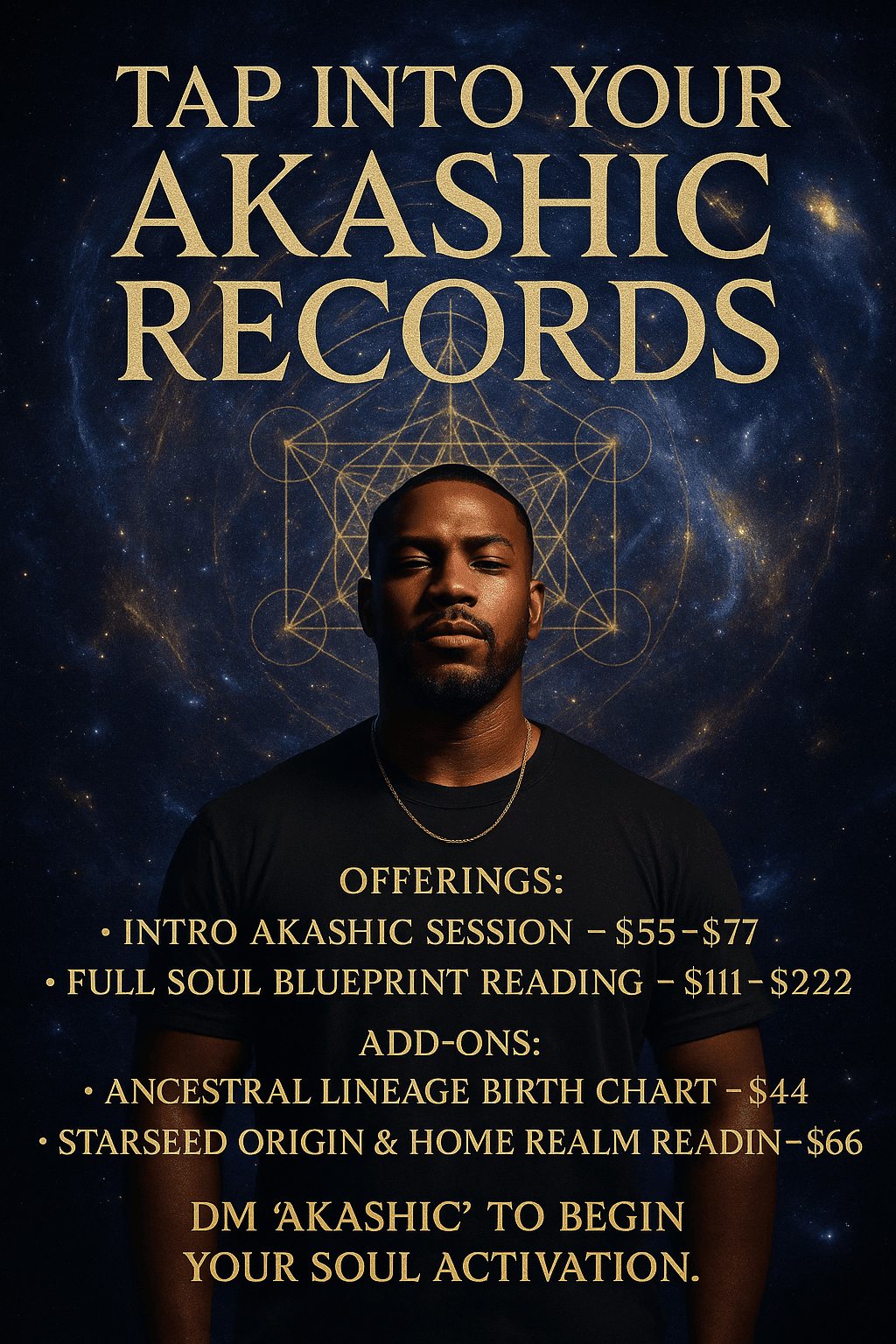 Akashic Records readings and soul activation services by Divine Frequency Entertainment, including Intro Session, Full Soul Blueprint, Ancestral Lineage, and Starseed Origin readings.