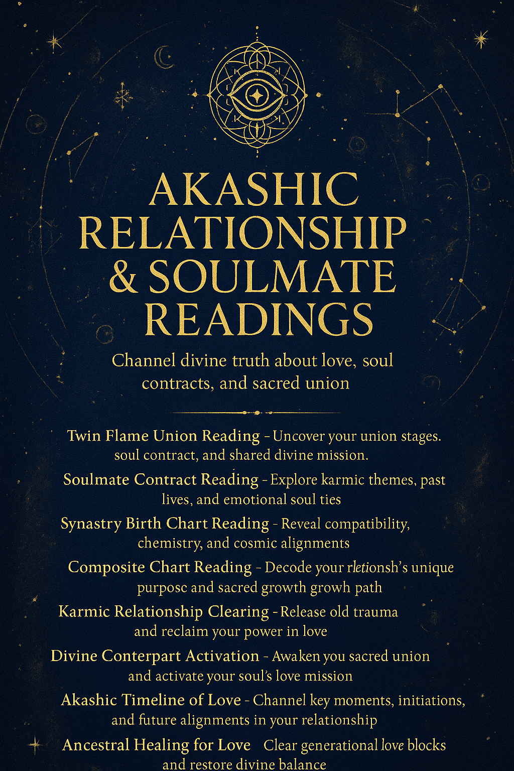 Akashic Relationship and Soulmate Readings by Divine Frequency Entertainment, including Twin Flame, Soulmate Contract, Synastry, Composite Chart, Karmic Clearing, Divine Counterpart Activation, Love Timeline, and Ancestral Healing.