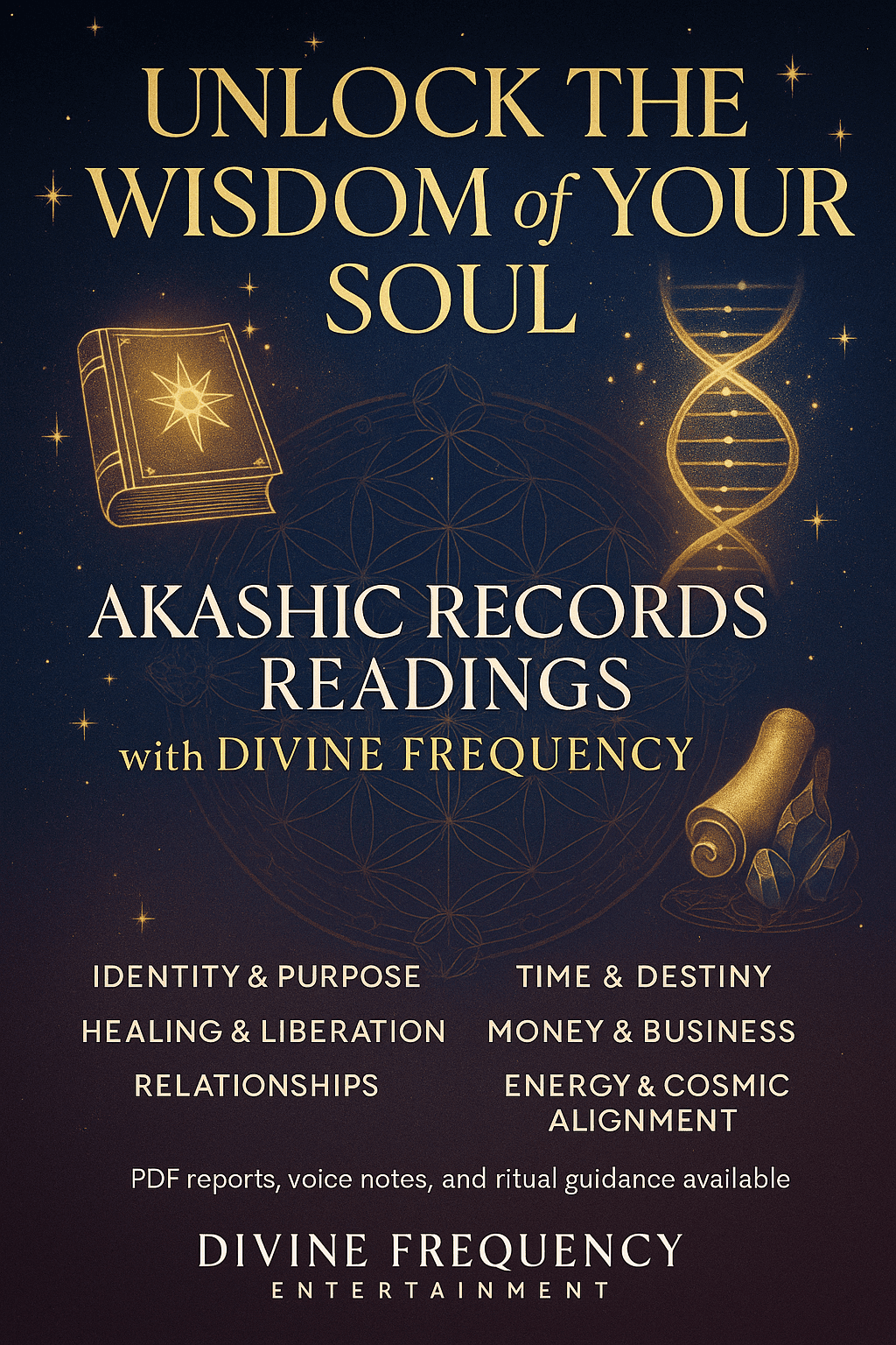 Unlock the wisdom of your soul with Akashic Records readings by Divine Frequency Entertainment. Receive guidance on identity, purpose, healing, liberation, relationships, time, destiny, money, business, energy, and cosmic alignment. Includes PDF reports, voice notes, and ritual guidance.